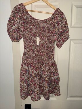 Smocked Floral Midi Dress in Pink Multi